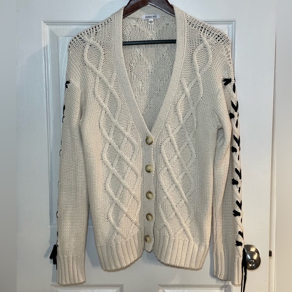 Johnny Was Anessa Bow Cream and Black Cardigan Sweater Size Large